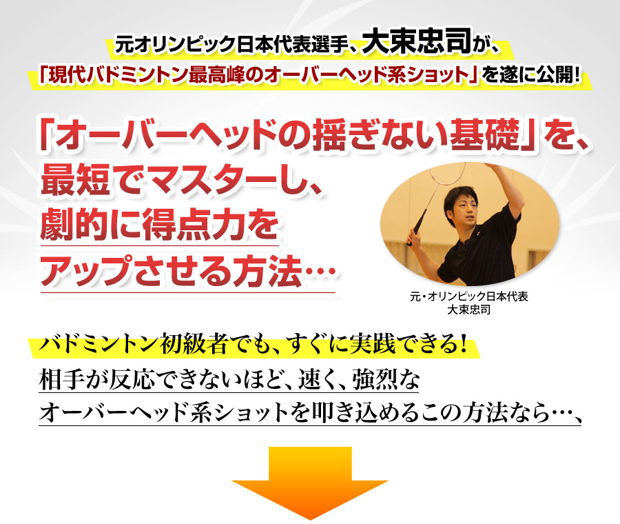 元オリンピック日本代表選手、大束忠司が、「現代バドミントン最高峰のオーバーヘッド系ショット」を遂に公開!「オーバーヘッドの揺ぎない基礎」を、最短でマスターし、劇的に得点力をアップさせる方法…バドミントン初級者でも、すぐに実践できる!相手が反応できないほど、速く、強烈なオーバーヘッド系ショットを叩き込めるこの方法なら…、